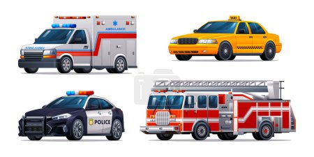 Téléchargez les illustrations : Ensemble de véhicules d'urgence. Ambulance, taxi, voiture de police et camion de pompiers. Illustration vectorielle officielle des véhicules des services d'urgence - en licence libre de droit