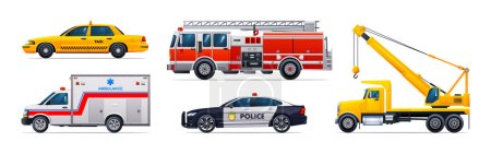 Illustration for Emergency vehicle set. Taxi, fire truck, ambulance, police car and crane truck. Official emergency service vehicles side view vector illustration - Royalty Free Image