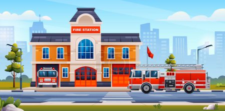 Téléchargez les illustrations : Bâtiment de caserne de pompiers avec camions de pompiers sur fond de paysage urbain. Service d'incendie illustration vectorielle de dessin animé - en licence libre de droit