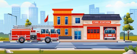 Téléchargez les illustrations : Bâtiment de caserne de pompiers avec camions de pompiers sur fond de paysage urbain. Illustration vectorielle de dessin animé - en licence libre de droit