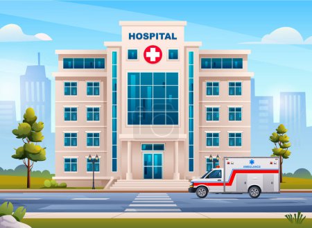 Ilustración de Edificio del hospital con coche de emergencia ambulancia en el fondo del paisaje urbano. Ilustración vectorial - Imagen libre de derechos