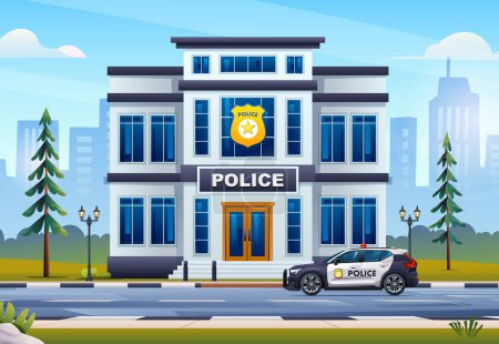 Téléchargez les illustrations : Bâtiment de poste de police avec voiture de patrouille et paysage urbain. Illustration vectorielle de dessin animé - en licence libre de droit