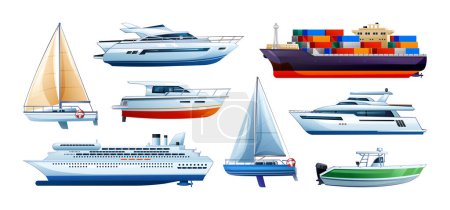 Ilustración de Conjunto de barcos de mar y barcos. Recogida de veleros, lanchas rápidas, yates y barcos de carga. Ilustración vectorial aislada sobre fondo blanco - Imagen libre de derechos