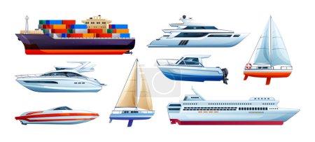 Téléchargez les illustrations : Ensemble de navires et bateaux de mer. Voilier, hors-bord, yacht et cargo. Illustration vectorielle - en licence libre de droit