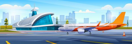 Illustration for International airport building with airplane and city landscape. Vector cartoon illustration - Royalty Free Image