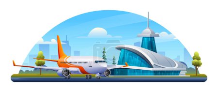 Téléchargez les illustrations : Bâtiment de l'aéroport international avec avion et illustration vectorielle de dessin animé paysage ville - en licence libre de droit