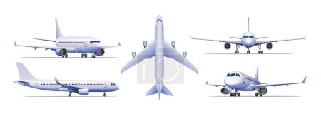 Téléchargez les illustrations : Ensemble d'avions dans différentes vues illustration vectorielle. Avion isolé sur fond blanc - en licence libre de droit