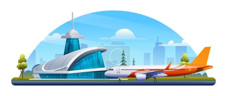 Téléchargez les illustrations : Bâtiment de l'aéroport international avec avion et paysage urbain. Illustration vectorielle - en licence libre de droit