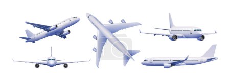 Illustration for Collection of airplane in different views vector illustration. Aircraft isolated on white background - Royalty Free Image