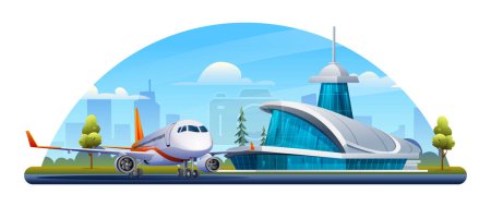 Illustration for International airport building with airplane, terminal, gate, runway and city landscape vector cartoon illustration - Royalty Free Image