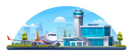 Téléchargez les illustrations : Bâtiment de l'aéroport international avec avion sur le paysage urbain. Illustration vectorielle - en licence libre de droit
