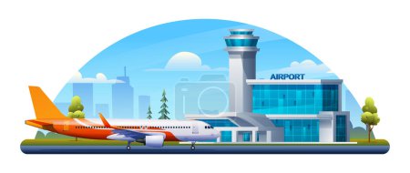 Illustration for International airport building with airplane, terminal, gate and runway on cityscape. Vector cartoon illustration - Royalty Free Image