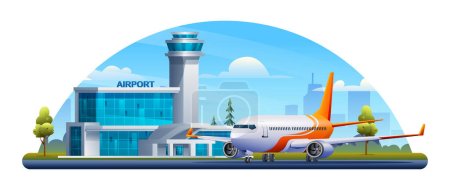 Illustration for International airport building with airplane on cityscape. Vector cartoon illustration - Royalty Free Image