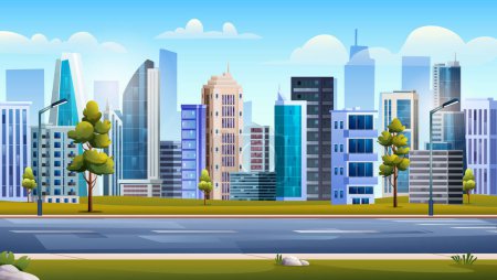 Ilustración de Autopista con parque y edificios de rascacielos. Urbano ciudad paisaje fondo vector ilustración - Imagen libre de derechos