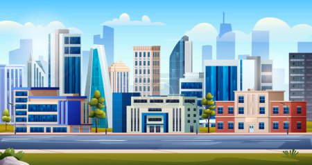 Ilustración de Paisaje urbano panorámico con edificios de rascacielos, parque y carretera. Urbano ciudad paisaje fondo vector ilustración - Imagen libre de derechos