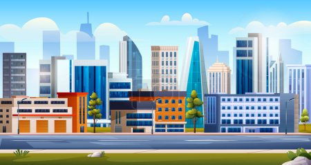 Ilustración de Paisaje urbano panorámico con edificios de rascacielos y carretera. Urbano ciudad paisaje fondo vector ilustración - Imagen libre de derechos