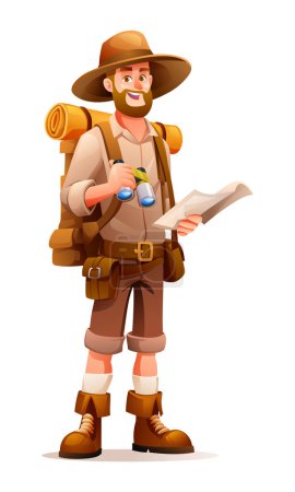 Illustration for Explorer with backpack holding a map and binoculars. Cartoon character illustration isolated on white background - Royalty Free Image