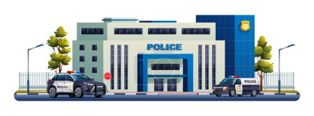 Téléchargez les illustrations : Bâtiment du poste de police avec voitures de patrouille. Bureau de la police. Illustration vectorielle de dessin animé - en licence libre de droit