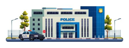 Téléchargez les illustrations : Bâtiment du poste de police avec voiture de patrouille. Bureau de la police. Illustration vectorielle de dessin animé - en licence libre de droit
