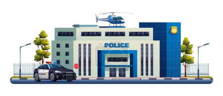 Téléchargez les illustrations : Bâtiment de poste de police avec voiture de patrouille et hélicoptère. Bureau de la police. Illustration vectorielle - en licence libre de droit