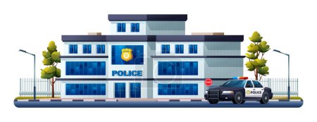 Téléchargez les illustrations : Bâtiment du poste de police avec voiture de patrouille. Bureau de la police. Illustration vectorielle - en licence libre de droit