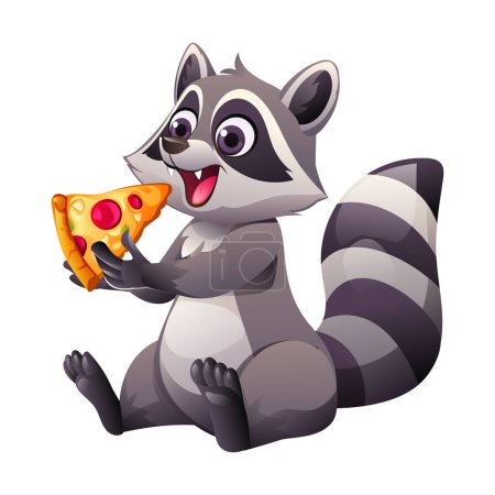 Téléchargez les illustrations : Dessin animé raton laveur manger de la pizza. Illustration vectorielle isolée sur fond blanc - en licence libre de droit