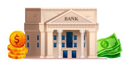 Illustration for Bank building with banknotes and coins. Banking finance concept. Vector bank illustration isolated on white background - Royalty Free Image