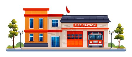 Téléchargez les illustrations : Bâtiment caserne de pompiers avec camion de pompiers. Bureau des pompiers illustration vectorielle isolé sur fond blanc - en licence libre de droit