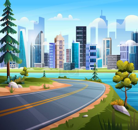 Illustration for Mountain road with lake and cityscape views. Vector cartoon background - Royalty Free Image