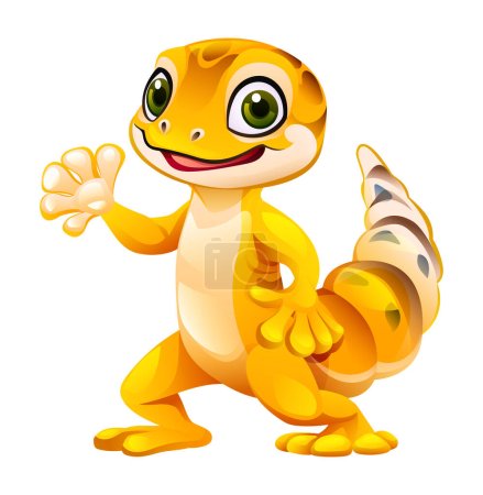 Téléchargez les illustrations : Mignon gecko léopard agitant la main. Illustration vectorielle de dessin animé isolé sur fond blanc - en licence libre de droit