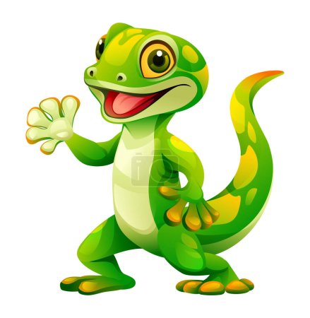 Téléchargez les illustrations : Mignon gecko vert agitant illustration de dessin animé main. Vecteur lézard isolé sur fond blanc - en licence libre de droit