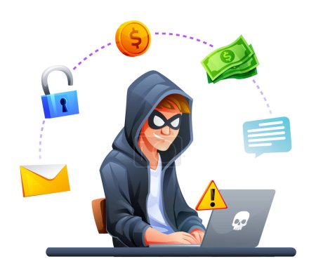 Illustration for Hacker with laptop computer stealing information and confidential data. Cyber attack and security concept. Vector cartoon illustration - Royalty Free Image