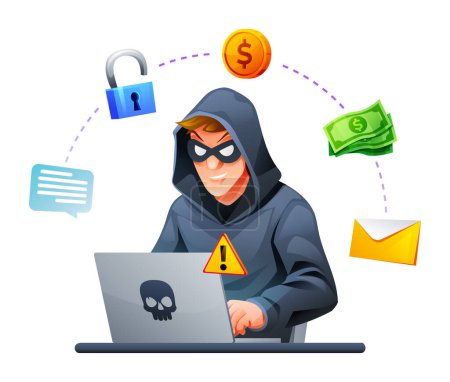 Illustration for Hacker with laptop stealing information and confidential data. Cyber attack and security concept. Vector cartoon illustration - Royalty Free Image