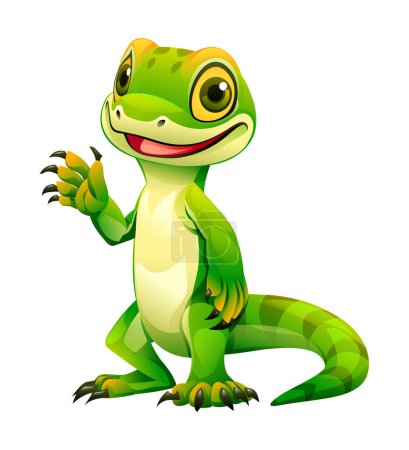 Illustration for Cute green lizard waving hand cartoon illustration. Vector reptile isolated on white background - Royalty Free Image