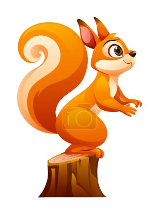 Téléchargez les illustrations : Joli écureuil sur l'illustration de souche d'arbre. Caricature vectorielle isolée sur fond blanc - en licence libre de droit