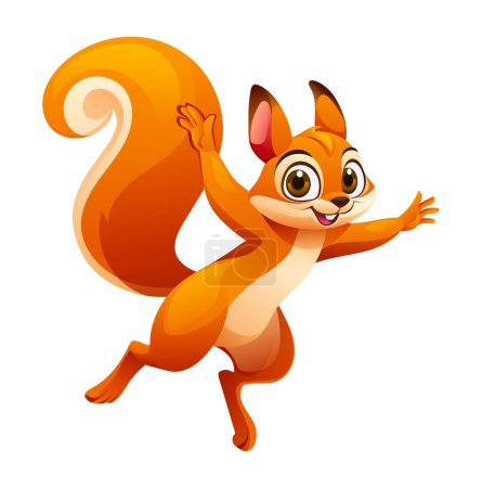 Téléchargez les illustrations : Illustration vectorielle de dessin animé gai écureuil. Écureuil heureux isolé sur fond blanc - en licence libre de droit
