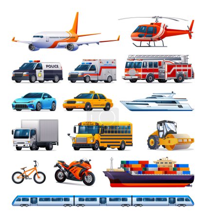 Téléchargez les illustrations : Collecte de véhicules de transport. Différents types de véhicules. Illustration vectorielle de dessin animé - en licence libre de droit
