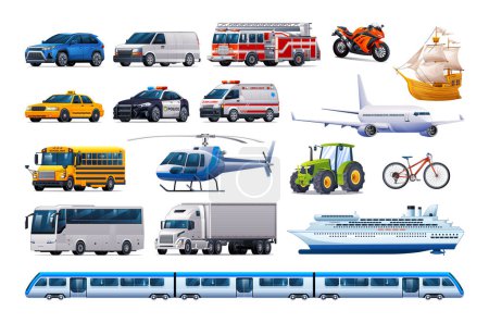 Téléchargez les illustrations : Véhicule de transport prêt. Différents types de véhicules. Illustration vectorielle de dessin animé - en licence libre de droit