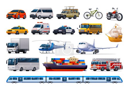 Ilustración de Conjunto de vehículos de transporte. Varios tipos de vehículos. Dibujos animados vectoriales ilustración - Imagen libre de derechos