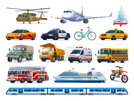 Ilustración de Conjunto de elementos de transporte. Colección de diversos tipos de vehículos. Dibujos animados vectoriales ilustración - Imagen libre de derechos