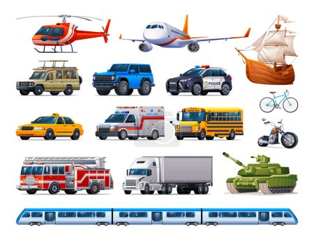 Ilustración de Conjunto de vehículos de transporte. Colección de diversos tipos de vehículos. Dibujos animados vectoriales ilustración - Imagen libre de derechos