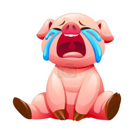 Téléchargez les illustrations : Dessin animé cochon pleurant en étant assis. Illustration vectorielle isolée sur fond blanc - en licence libre de droit