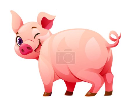 Ilustración de Dibujos animados cerdo feliz desde la vista trasera. Ilustración vectorial aislada sobre fondo blanco - Imagen libre de derechos