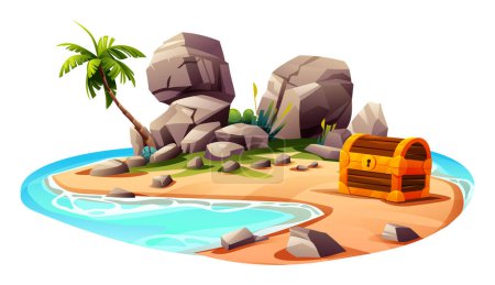 Ilustración de Isla tropical con cofre del tesoro, palmeras y rocas. Ilustración de dibujos animados vectoriales aislados sobre fondo blanco - Imagen libre de derechos