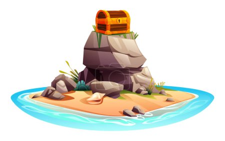 Ilustración de El cofre del tesoro en las rocas en una isla desierta. Ilustración vectorial de dibujos animados aislada sobre fondo blanco - Imagen libre de derechos