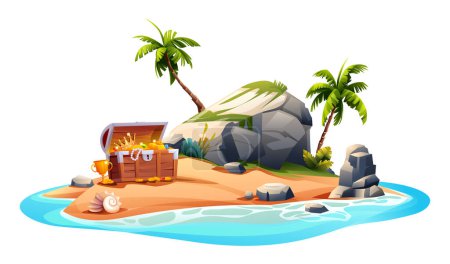 Ilustración de Isla tropical con cofre de tesoro abierto, palmeras y rocas. Ilustración de dibujos animados vectoriales aislados sobre fondo blanco - Imagen libre de derechos