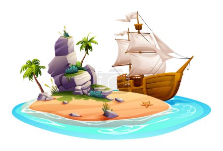 Ilustración de Isla tropical con palmeras, rocas y velero de madera. Ilustración de dibujos animados vectoriales aislados sobre fondo blanco - Imagen libre de derechos
