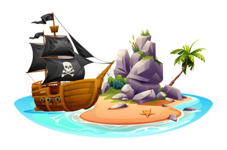 Ilustración de Isla tropical con barco pirata de madera, rocas y palmeras. Ilustración de dibujos animados vectoriales aislados sobre fondo blanco - Imagen libre de derechos