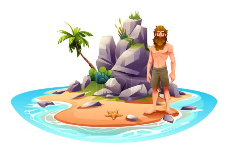 Ilustración de Hombre náufrago en una isla deshabitada con palmeras y rocas. Ilustración de dibujos animados vectoriales aislados sobre fondo blanco - Imagen libre de derechos