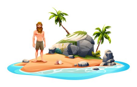 Schiffbrüchiger Mann auf einsamer Insel. Vector Cartoon Illustration isoliert auf weißem Hintergrund